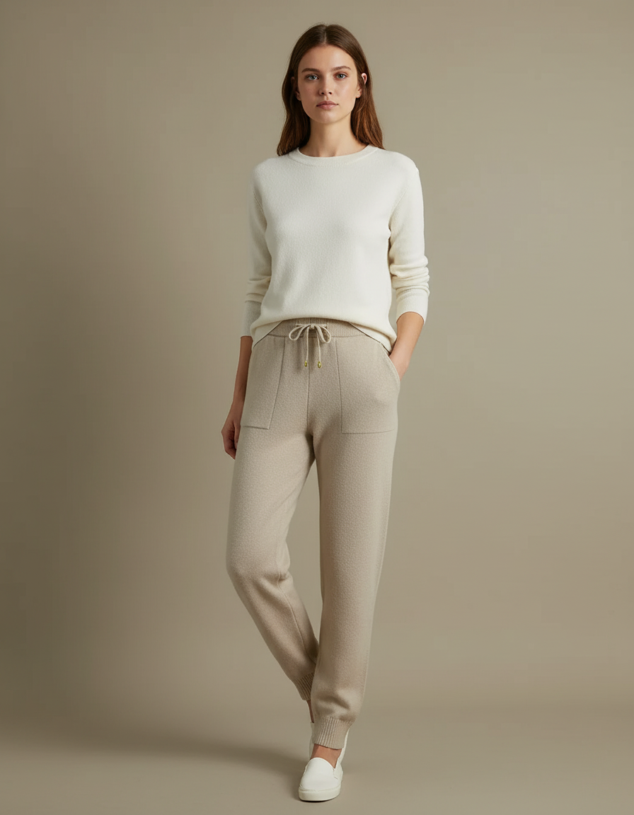 Pantalon Beige Tricoté Ample Confortable Cordon Femme - Maille