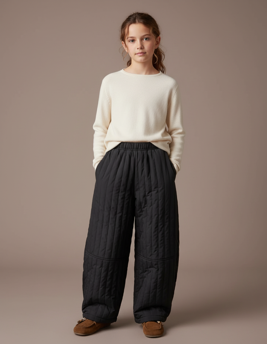 Pantalon Beige Matelassé Noir Enfant Chaud Ample - Polyester