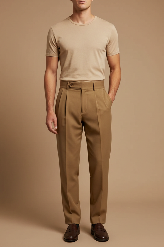 Pantalon Beige Plissé Taille Haute Homme Élégant - Kaki Gabardine