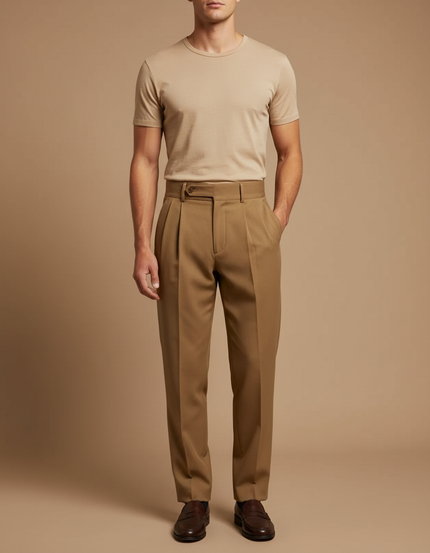 Pantalon Beige Plissé Taille Haute Homme Élégant - Kaki Gabardine