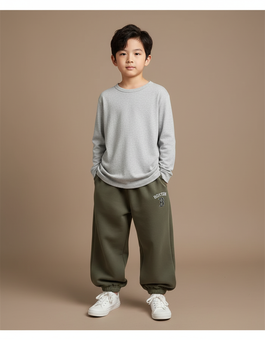 Pantalon Beige Sport Molletonné Ample Boston Enfant - Kaki