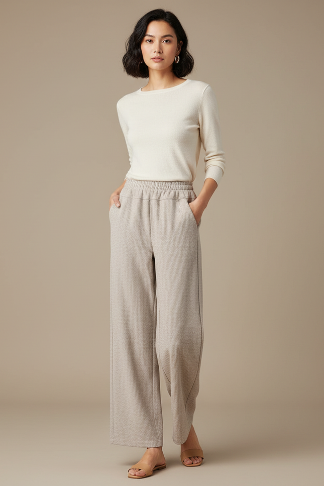 Pantalon Beige Large Fluide Décontracté Confortable Élastique - Maille