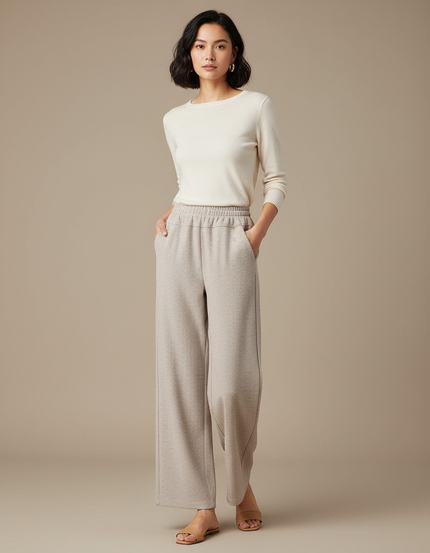 Pantalon Beige Large Fluide Décontracté Confortable Élastique - Maille