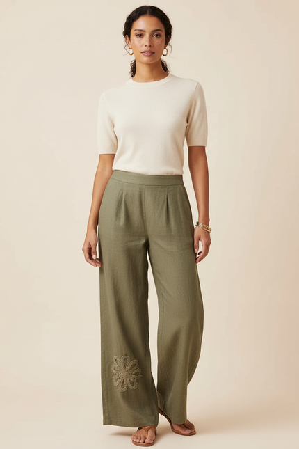 Pantalon Beige Ample Lin Brodé Floral Chic - Kaki