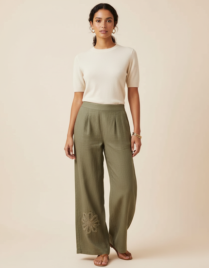 Pantalon Beige Ample Lin Brodé Floral Chic - Kaki