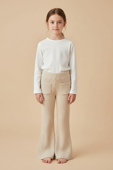 Pantalon Beige Côtelé Tricoté Évasé Enfant Décontracté - Maille