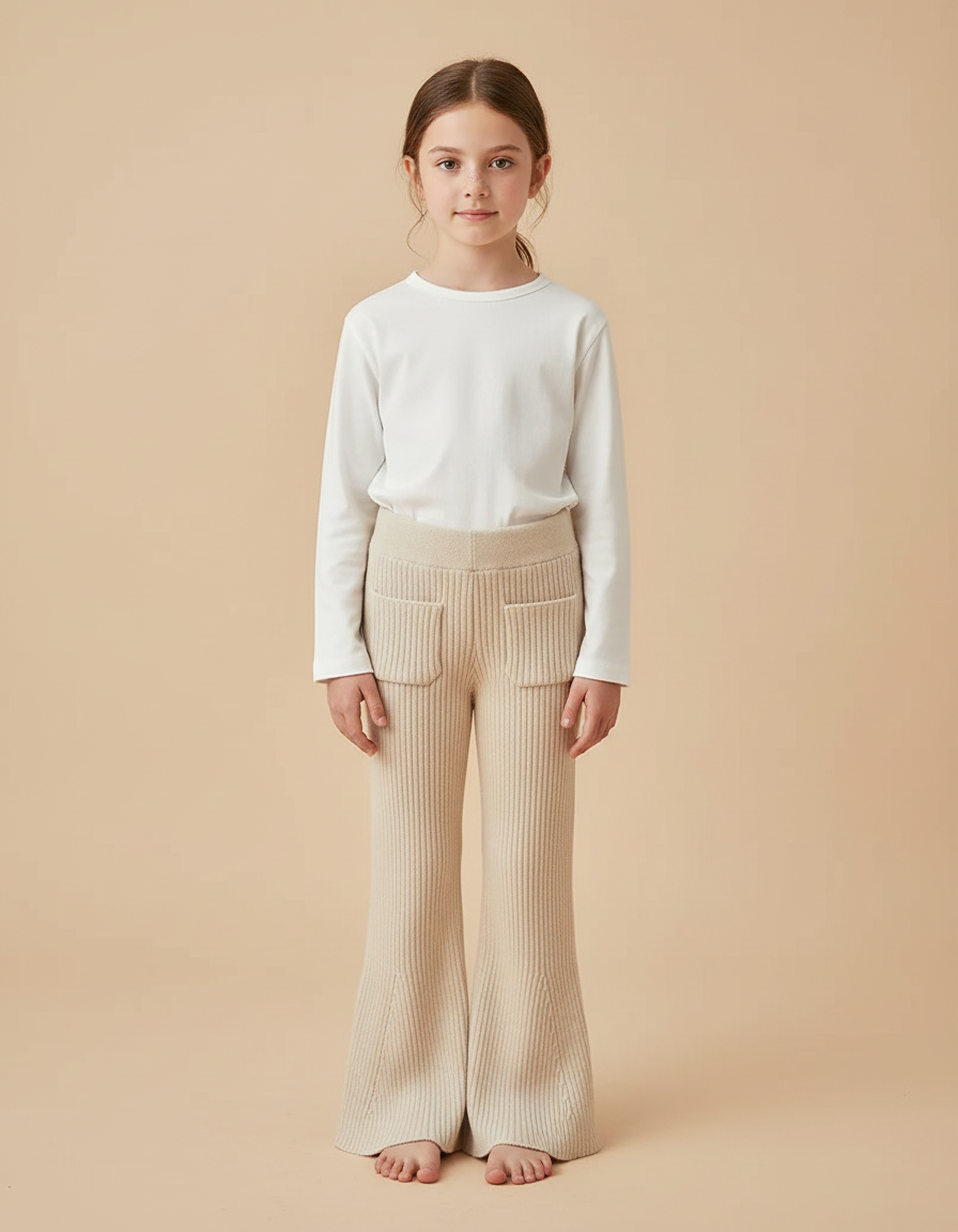 Pantalon Beige Côtelé Tricoté Évasé Enfant Décontracté - Maille