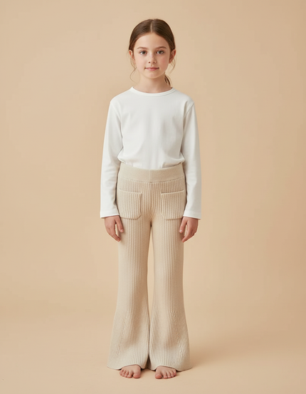 Pantalon Beige Côtelé Tricoté Évasé Enfant Décontracté - Maille