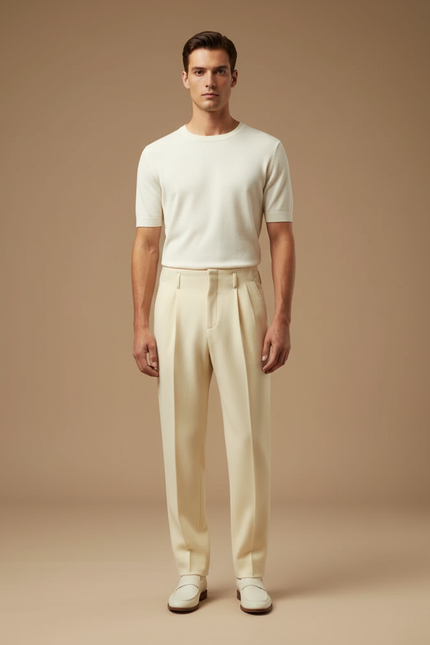 Pantalon Beige Plissé Droit Élégant Décontracté Homme - Gabardine