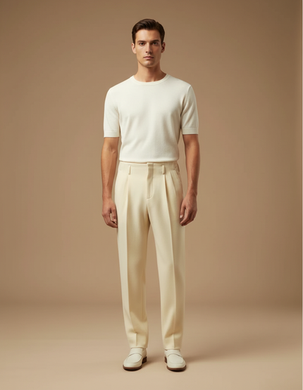 Pantalon Beige Plissé Droit Élégant Décontracté Homme - Gabardine