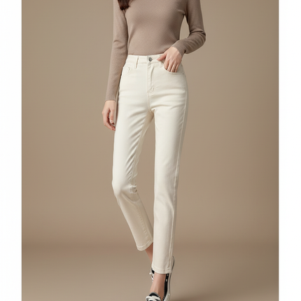 Pantalon Beige Jean Droit Taille Haute Femme