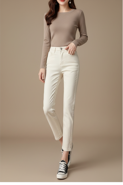 Pantalon Beige Jean Droit Taille Haute Femme