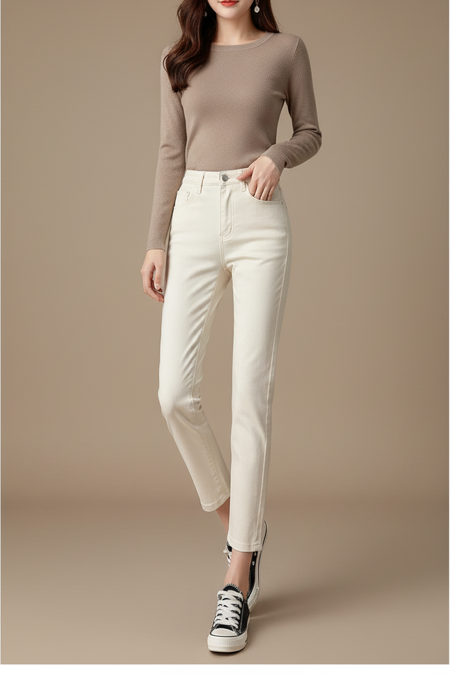 Pantalon Beige Jean Droit Taille Haute Femme