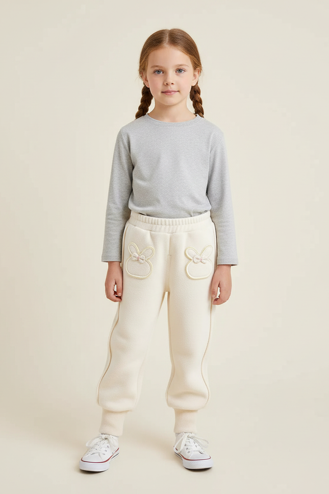 Pantalon Beige Molletonné Lapin Brodé Enfant Hiver