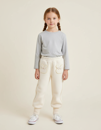 Pantalon Beige Molletonné Lapin Brodé Enfant Hiver