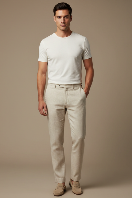 Pantalon Beige Homme Droit Élégant Lin Slim