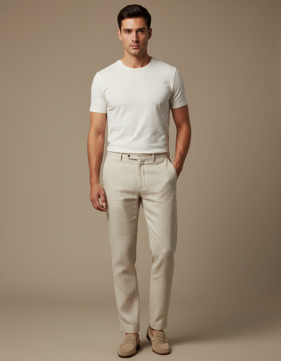 Pantalon Beige Homme Droit Élégant Lin Slim