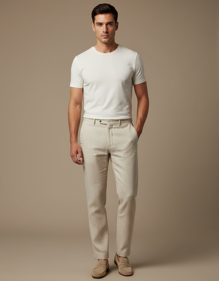 Pantalon Beige Homme Droit Élégant Lin Slim
