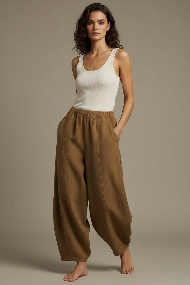 Pantalon Beige Ample Lin Coton Vintage Élastique Femme - Kaki