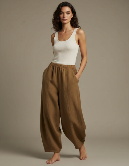 Pantalon Beige Ample Lin Coton Vintage Élastique Femme - Kaki