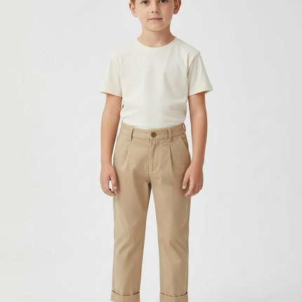 Pantalon Beige Droit Coton Élégant Garçon Pli