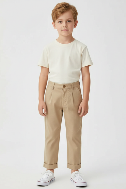 Pantalon Beige Droit Coton Élégant Garçon Pli