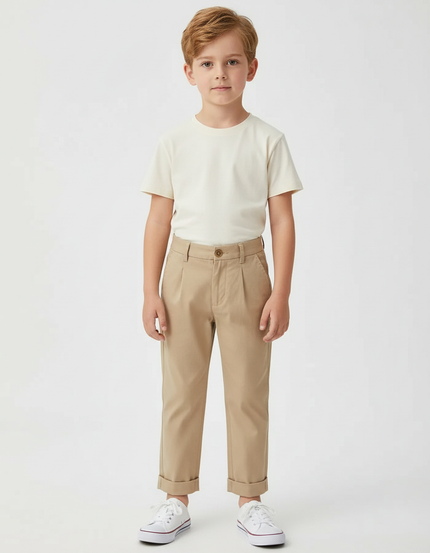 Pantalon Beige Droit Coton Élégant Garçon Pli