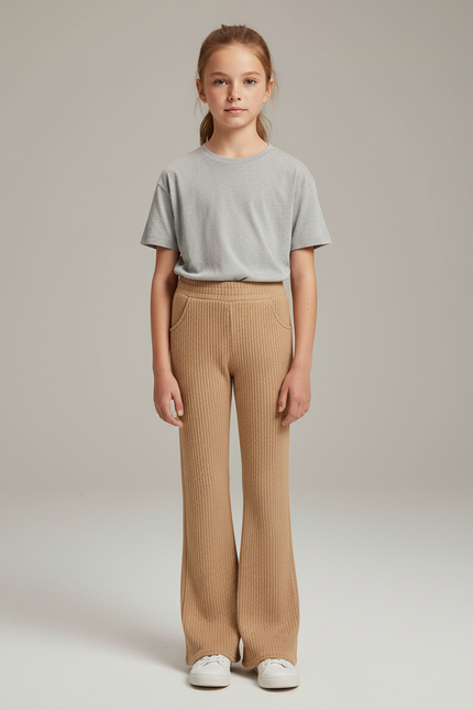 Pantalon Beige Côtelé Évasé Confortable Décontracté - Maille