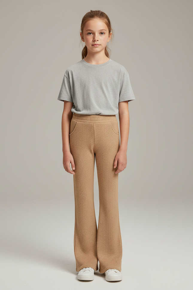 Pantalon Beige Côtelé Évasé Confortable Décontracté - Maille