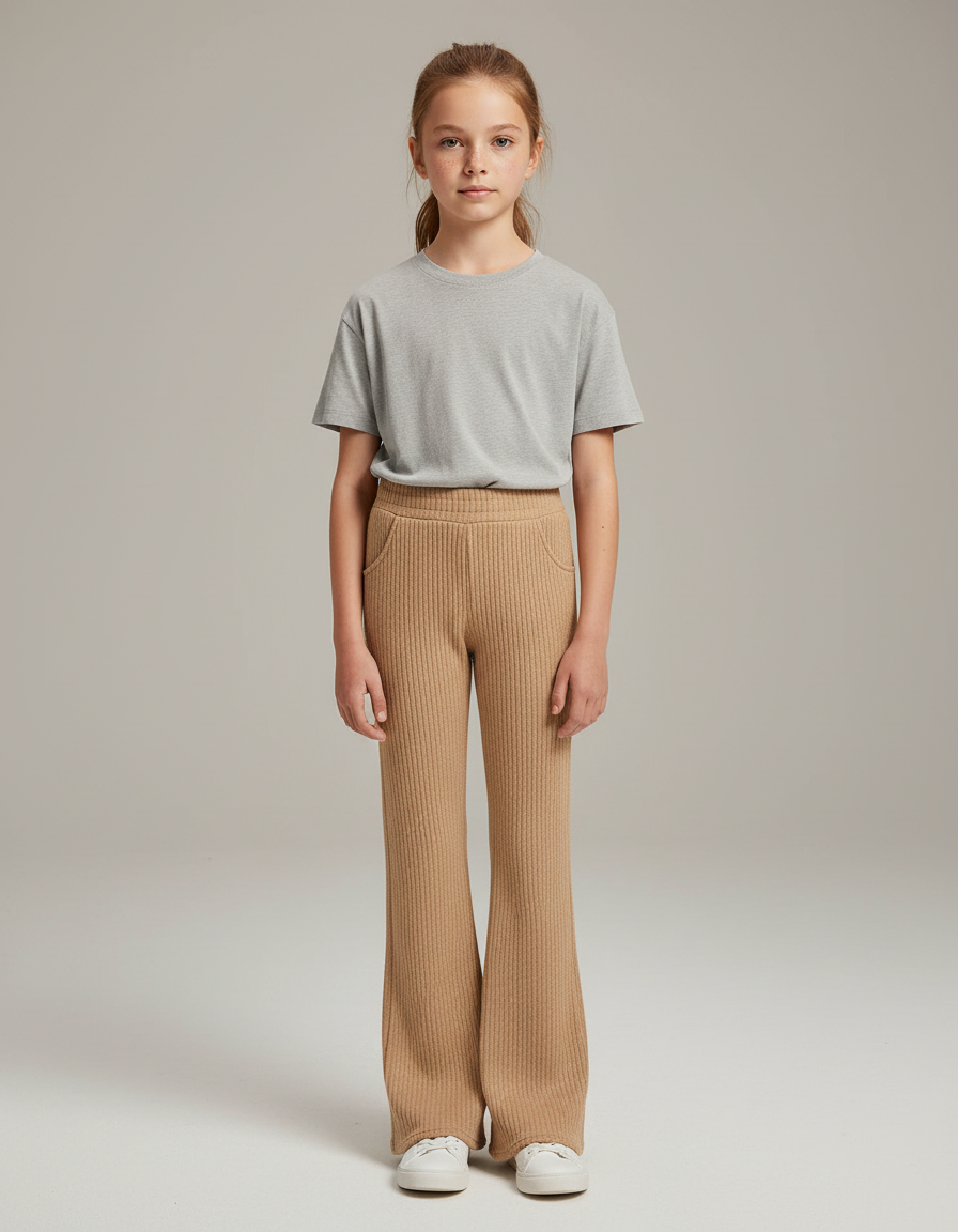 Pantalon Beige Côtelé Évasé Confortable Décontracté - Maille