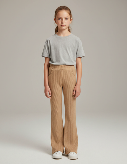 Pantalon Beige Côtelé Évasé Confortable Décontracté - Maille