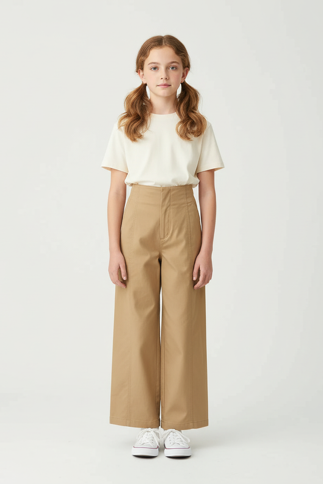 Pantalon Beige Ample Coton Taille Haute Fille
