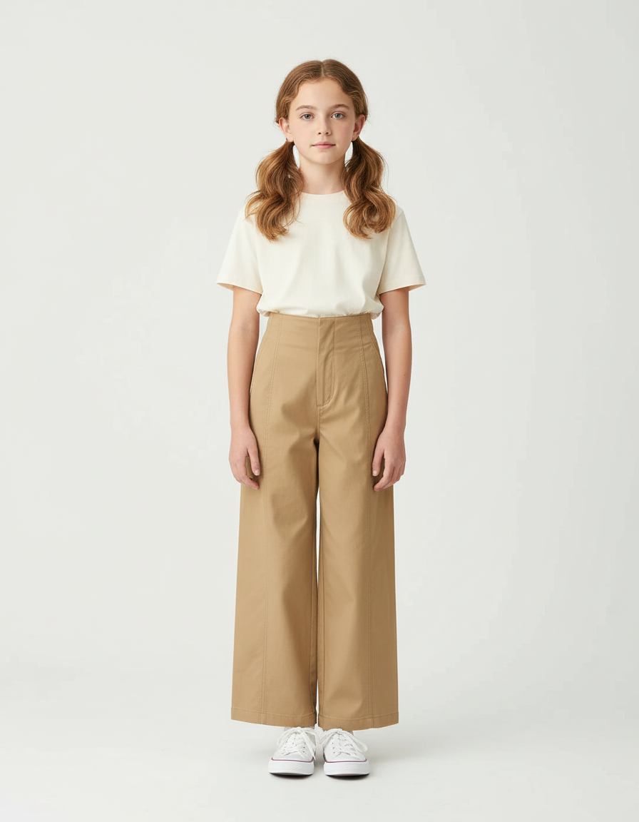 Pantalon Beige Ample Coton Taille Haute Fille