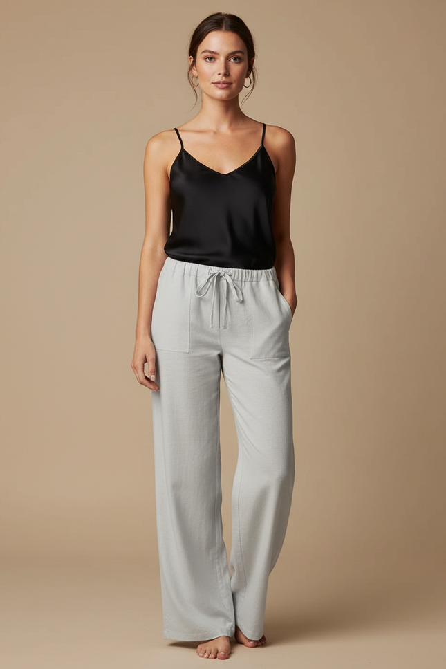 Pantalon Beige Ample Coton Lin Fluide Décontracté - Gris