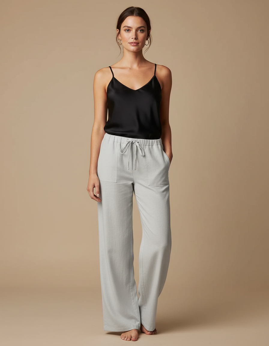 Pantalon Beige Ample Coton Lin Fluide Décontracté - Gris