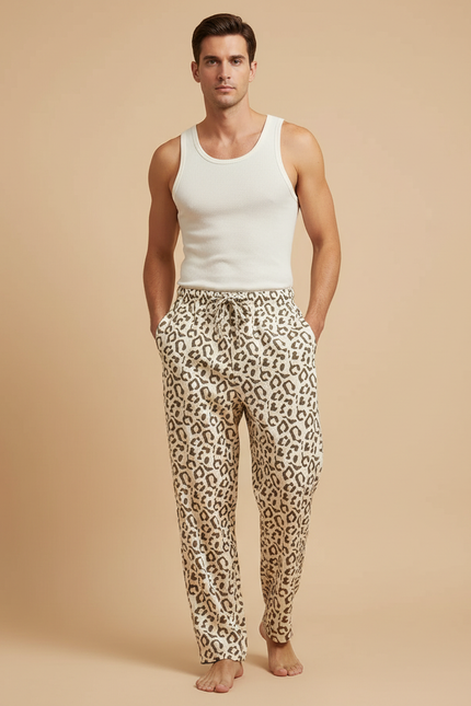 Pantalon Beige Léopard Coton Ample Confortable Homme - Imprimé