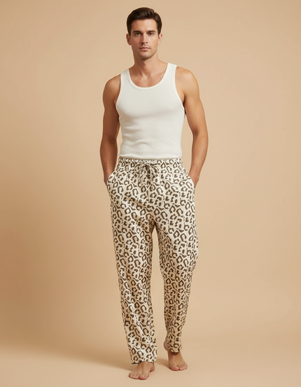 Pantalon Beige Léopard Coton Ample Confortable Homme - Imprimé