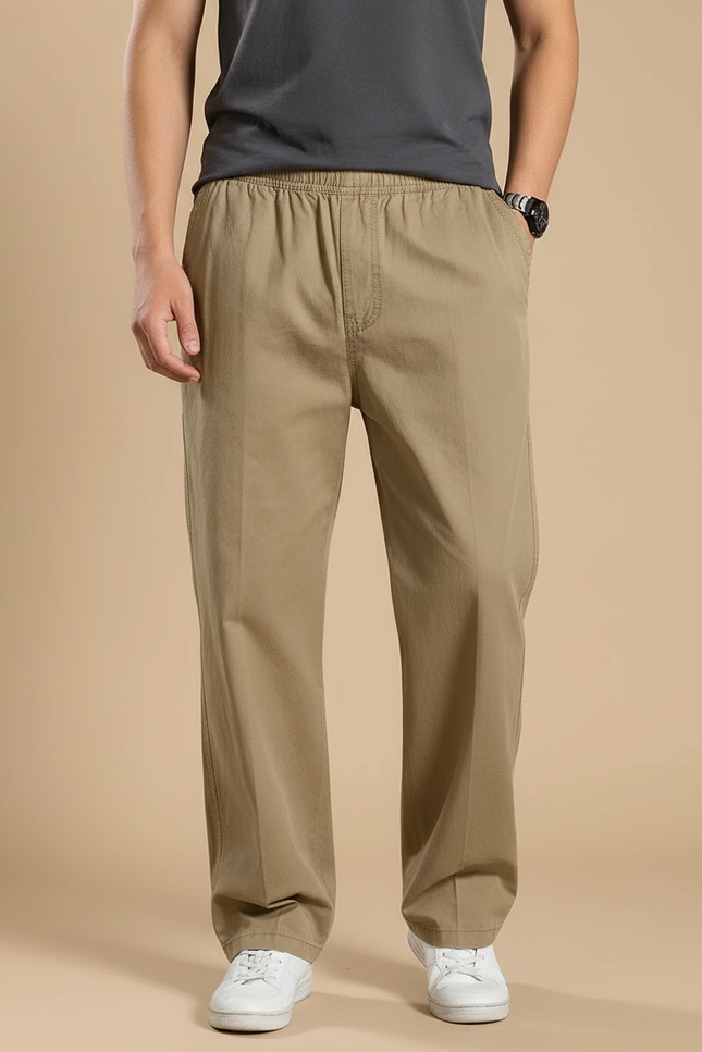 Pantalon Beige Taille Elastique - Kaki Coton