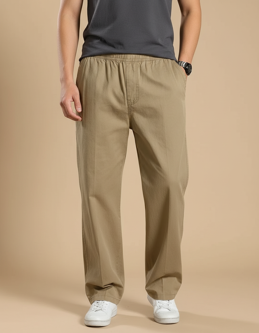 Pantalon Beige Taille Elastique - Kaki Coton