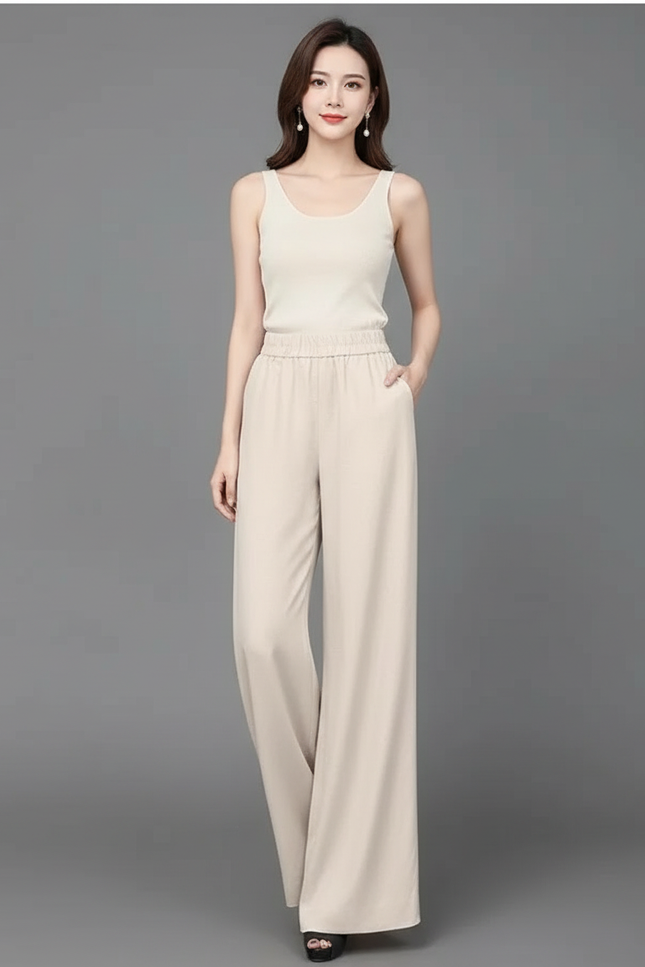 Pantalon Évasé Beige - Polyester