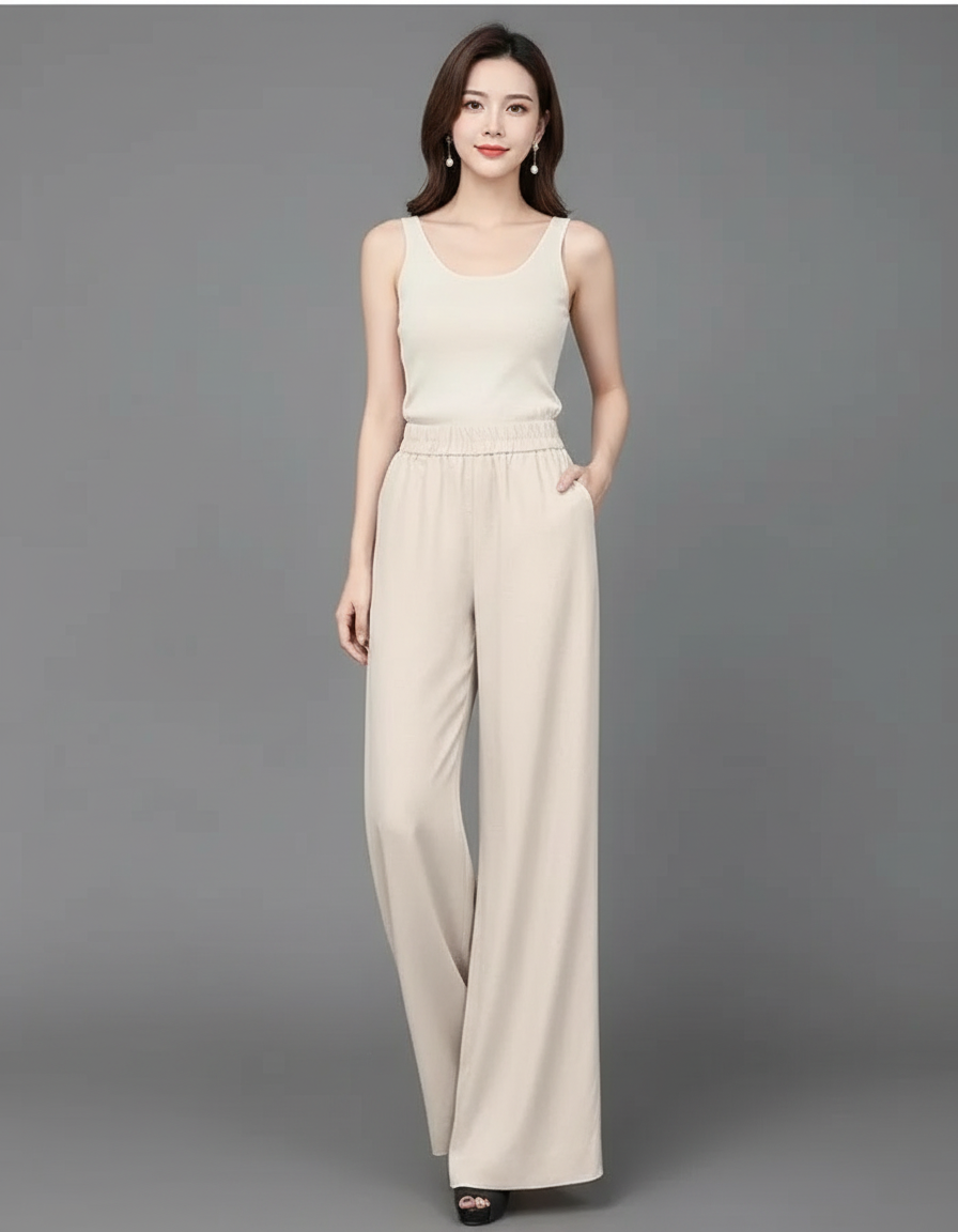 Pantalon Évasé Beige - Polyester