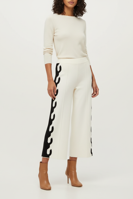 Pantalon Beige Large Tricoté Motif Latéral Élégant - Maille