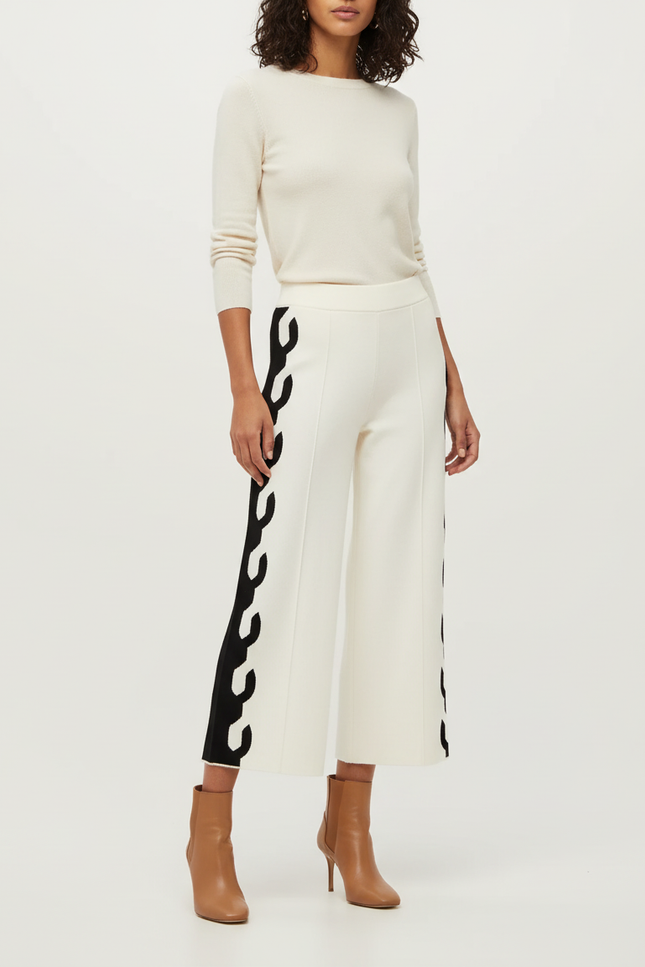 Pantalon Beige Large Tricoté Motif Latéral Élégant - Maille