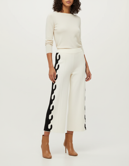 Pantalon Beige Large Tricoté Motif Latéral Élégant - Maille