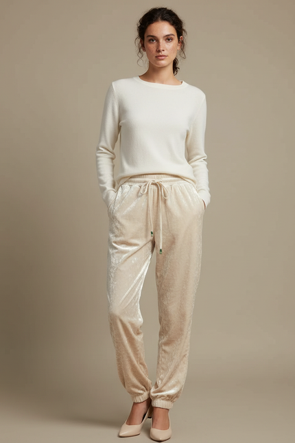 Pantalon Beige Velours Ample Décontracté Confortable Femme