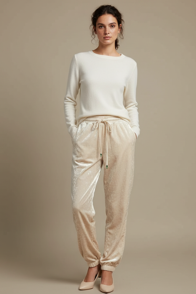 Pantalon Beige Velours Ample Décontracté Confortable Femme