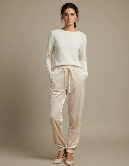 Pantalon Beige Velours Ample Décontracté Confortable Femme