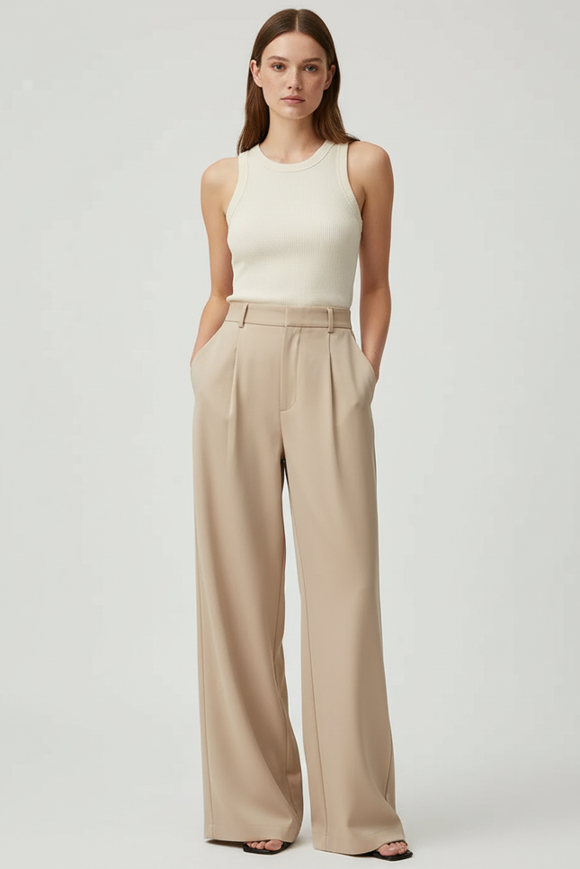 Pantalon Beige Fluide Ample Plissé Chic Élégant - Polyester