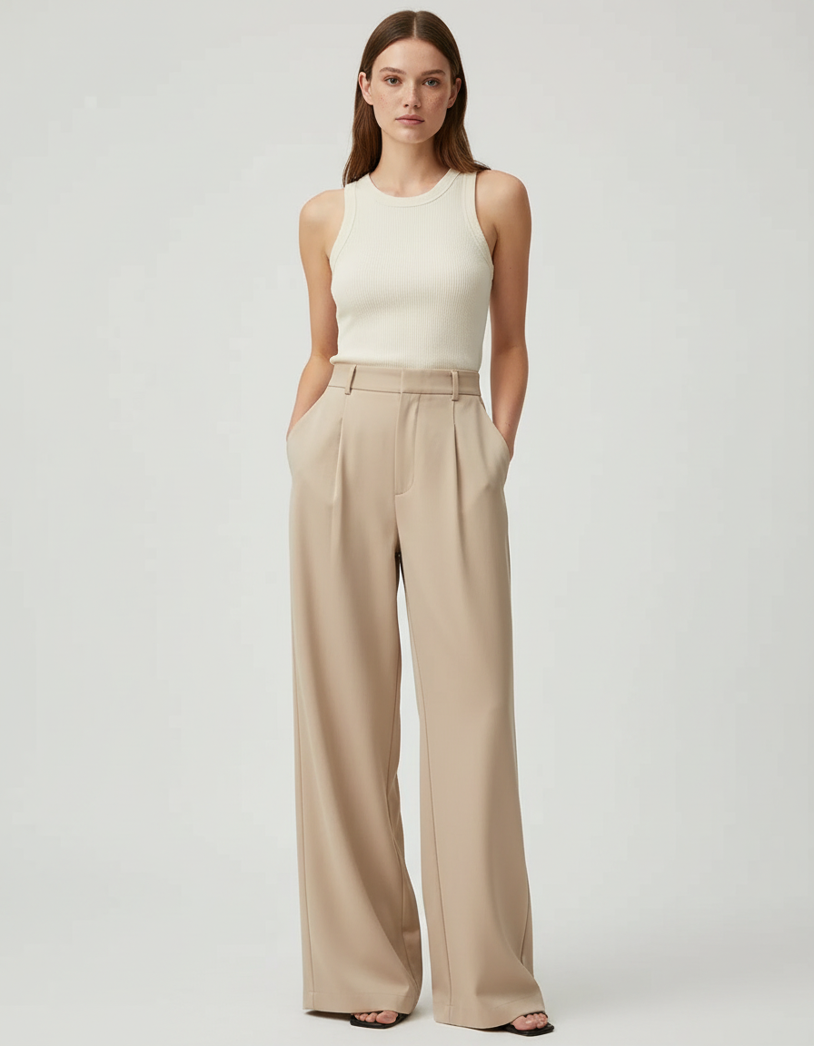 Pantalon Beige Fluide Ample Plissé Chic Élégant - Polyester