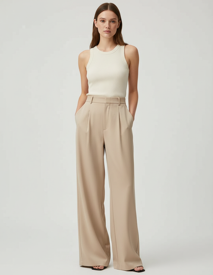 Pantalon Beige Fluide Ample Plissé Chic Élégant - Polyester